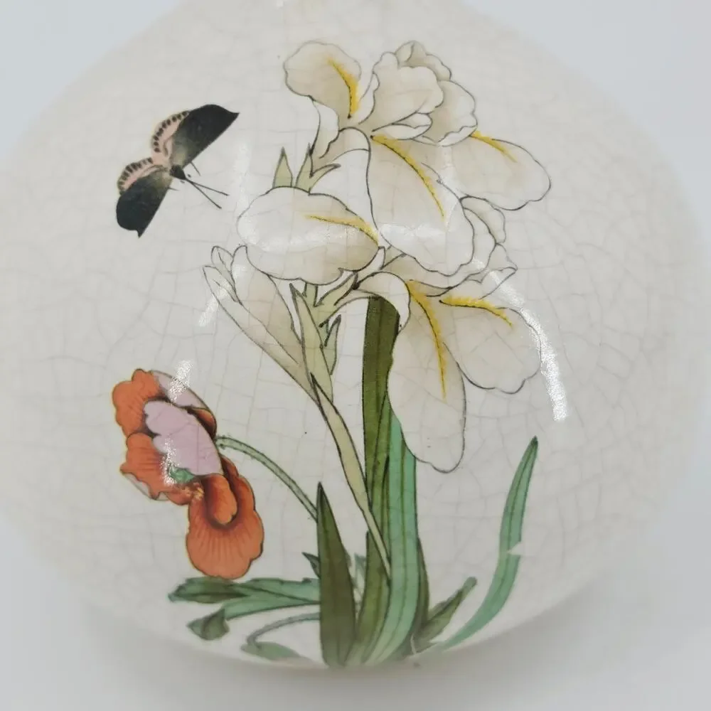 Vintage Japanese Crackle Craze Pottery Vase Butterfly Floral White 7” Tall